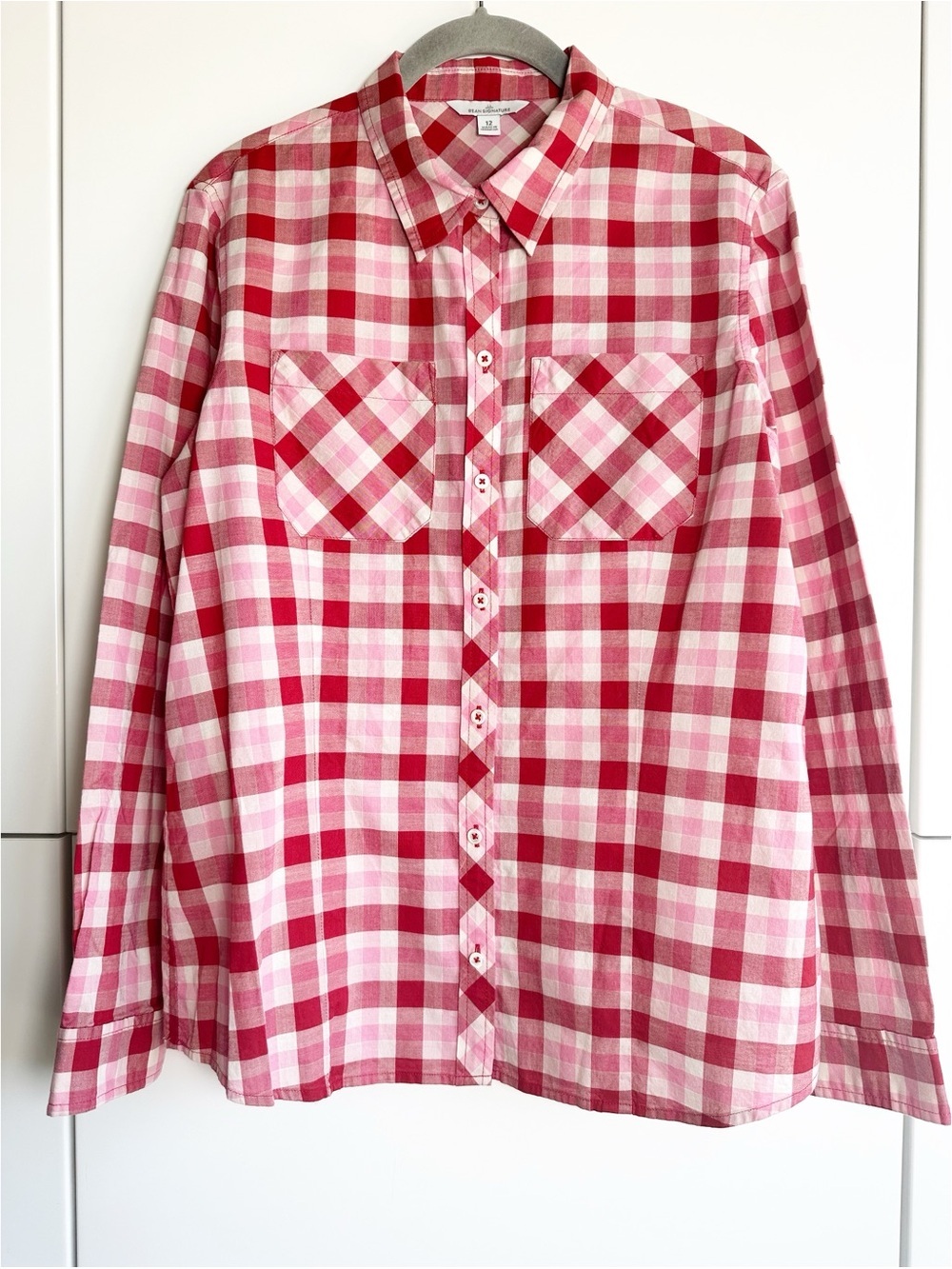 L.L. Bean Signature Gingham Button Down Shirt Pink Red Size 12 Cowgirl Summer